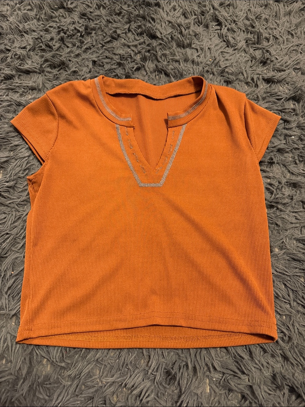 SHEIN Orange Ribbed Short Sleeve Notch-Neck Top